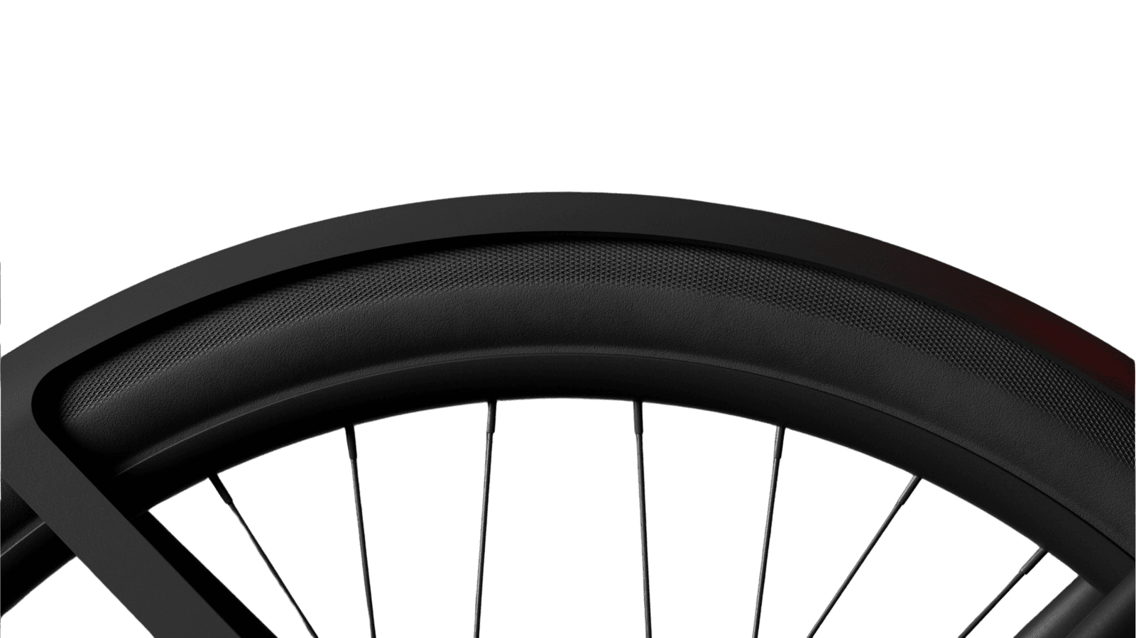 The front wheel and fork of a black e-bike.