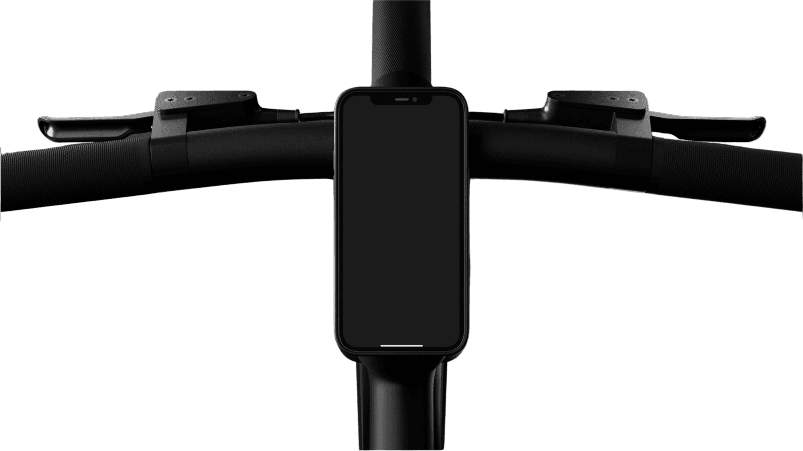 A handlebar with a phone mounted in the middle, seen from the front.